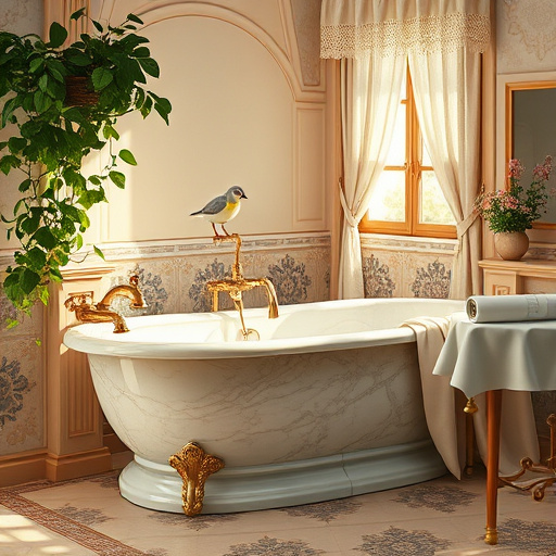 Alt text: A Renaissance-style painting depicting a luxurious bathroom setting in Winchester, Kentucky. The scene features an opulent freestanding bathtub with intricate carvings and floral motifs, bathed in warm sunlight from large windows surrounded by lush greenery. The soft pastel-tiled walls contribute to a serene atmosphere, while a vintage chandelier casts a gentle glow. Quirky bathroom supplies, including ornate soap dishes and exotic bath oils, add personality, complemented by a playful wooden duck floating in the bathtub. A detailed floral arrangement in the background symbolizes growth and freshness. The color palette of soft blues, gentle greens, and warm creams enhances the elegant setting, reflecting professionalism and warmth, ideal for showcasing trusted local bathroom contractors and home renovation excellence.