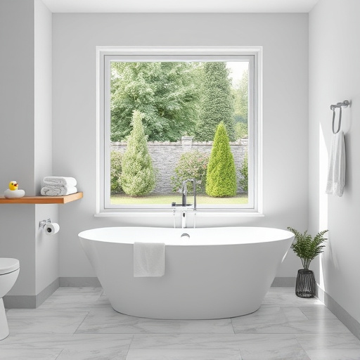 Alt Text: A surreal bathroom scene featuring a whimsical landscape of vibrant tiles transforming into waves of color from a floating oversized bathtub filled with shimmering water. The bathtub reflects stained glass-like patterns of blues, greens, and golds, contributing to a tranquil atmosphere. An extravagant mirror distorts reality, showcasing charming bathroom fixtures like ornate faucets and unique lighting. Oversized potted plants with leaves resembling paintbrushes dip into upright paint cans, splashing colors onto the walls. Bubbles take the form of quirky bathroom accessories, and light streams in from a window with twisting curtains, casting playful shadows on the tiled floor. In the background, imaginary shelves hold fantastical toiletries, including a sea creature-shaped soap dispenser and elaborately folded towels. The scene is characterized by soft pastels mixed with brighter hues, evoking a cheerful and inviting mood, celebrating creativity and inspiration in affordable bathroom renovations.