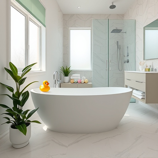 Alt text: "Blog cover image for 'Best Bathroom Remodeling Company in Louisville, Kentucky,' featuring an elegantly designed bathroom with a luxurious freestanding marbled stone tub and a sleek modern vanity with sparkling iridescent tiles. A lush green plant adds a fresh touch, accompanied by a whimsical shower curtain with abstract geometric shapes and a quirky cloud-shaped bath mat. Soft warm lighting casts a serene glow over the space, with a color palette of azure and beige, highlighted by golden accents. In the background, an artistic representation of Louisville’s skyline integrates locality with vibrant color splashes, showcasing creativity in remodeling. Unique illustrated elements, like a vintage faucet sprouting flowers and a whimsical fishbowl, add playful charm, creating an enchanting scene of modernity and craftsmanship."