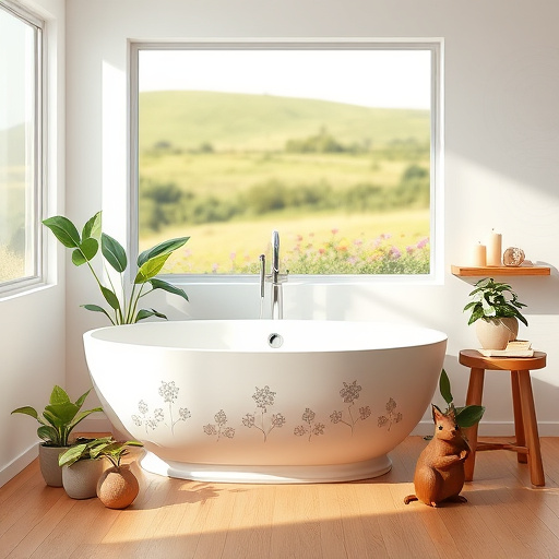 A modern bathroom scene featuring a sleek, glass-encased walk-in shower with chrome fixtures, emphasizing elegance and comfort. Lush green ferns and potted succulents surround the shower, creating a refreshing connection with nature. Fluffy, pastel-hued towels hang on stylish towel racks, while a whimsical rubber duck adorns the edge of a chic bathtub, adding a playful element. The warm, soft lighting mimics a sunset filtering through a frosted window, casting patterns on a mosaic tiled floor in soothing blues and greys. A framed botanical print in the background enhances the cozy, earthy atmosphere. The digital artwork utilizes a color palette of soft pastels, vibrant greens, and warm neutrals, perfectly capturing a tranquil yet sophisticated bathroom retreat, ideal for a home improvement blog focused on inspiring bathroom transformations.