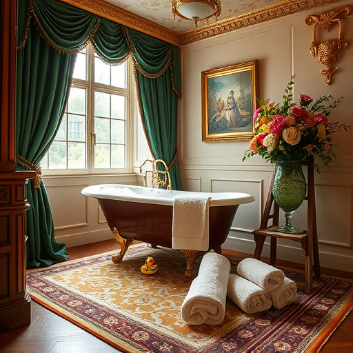 A luxurious Baroque-inspired bathroom transformation featuring ornate mahogany vanities and golden fixtures that shimmer in soft light. The bathroom is adorned with lush emerald green and muted gold draperies, framing a clawfoot tub filled with bubbles and surrounded by delicate porcelain ornaments. Beneath the tub, a rich patterned rug displays elegant motifs reflecting Baroque artistry. A vintage ladder holds neatly rolled plush towels in cream and pastel shades in the corner, creating a serene atmosphere. Quirky elements like a tiny rubber duck with a golden crown on the tub's edge and an oversized vase filled with vibrant flowers add personality and playfulness to the elegant setting. Natural light filters through a large window with embroidered curtains, highlighting intricate ceiling details such as gilded moldings and painted frescoes. The color palette blends warm golds, deep greens, and soft creams, evoking a sense of calm sophistication and showcasing a top-rated bathroom remodel in Simpsonville, Kentucky.