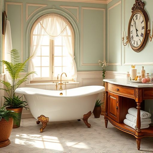 Alt text: A serene bathroom setting featuring a beautifully remodeled space with a freestanding soaking tub on a polished stone floor. The tub is surrounded by lush indoor plants, including a fern and a potted peace lily. A stylish wooden tray atop the tub holds a lit candle, a small bottle of essential oil, and a fluffy white towel, enhancing the calm atmosphere. Soft natural light streams through a large window, illuminating crisp white walls and a chic vanity with a stunning granite countertop. A modern faucet shines beside a collection of artisanal soaps and decorative bath accessories. A floating wooden shelf displays organized bathroom essentials, including a stylish clock and decorative items. The color palette features soft pastels of light blues and greens, paired with earthy browns and whites for a spa-like ambiance. Quirky details like a playful rubber duck and an oversized cloud-shaped bath mat add personality, while light patterns reflect off the glass shower door, emphasizing luxury. This photorealistic image encapsulates the essence of high-end bathroom renovation, inviting viewers to envision their own tranquil spaces.