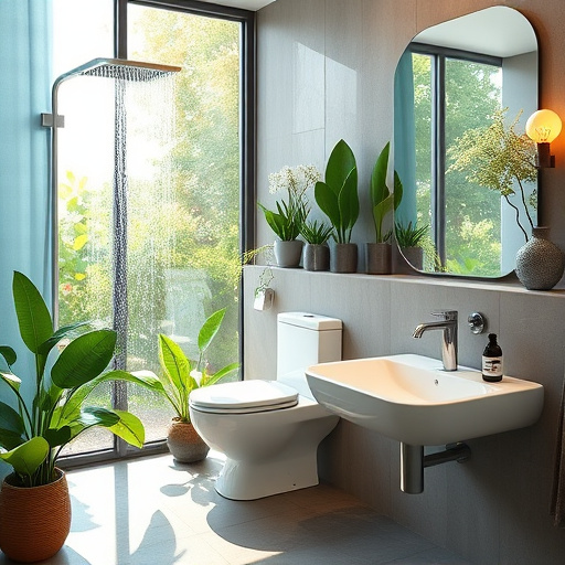 A hyperrealistic image of a beautifully designed bathroom for a blog cover titled "How to Make a Bathroom More Energy Efficient." The bathroom features abundant natural light, showcasing sleek, energy-efficient fixtures. A modern showerhead with cascading water is surrounded by lush green plants, symbolizing eco-friendliness. A futuristic smart toilet sits elegantly in the corner, alongside a stylish sink made from recycled materials, emitting a soft glow for a tranquil atmosphere. The color palette blends refreshing greens and cool blues with warm earth tones, creating a calm, inviting ambiance. In the background, a large window offers a vibrant view of a sunlit garden, harmonizing indoor and outdoor elements. Playful, cartoonish energy-saving icons, like a smiling light bulb and a happy water droplet, are subtly integrated into the decor, enhancing the theme. Light shines through the glass, casting gentle reflections and encapsulating the essence of an energy-efficient oasis, enticing readers to explore eco-friendly bathroom tips.