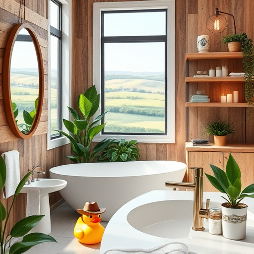 A modern bathroom designed in a Bauhaus art style, featuring a sleek freestanding tub under a large window with abstract glass panes that cast playful light patterns. The minimalistic vanity showcases bold rectangular shapes paired with an oversized round mirror that creates unique reflections. The soothing color palette includes soft aquamarine, muted gray, and creamy white, while accents of vibrant orange and deep navy blue appear in ceramic tiles and fixtures. Whimsical plant holders shaped like abstract sculptures hold vibrant greenery, enhancing the lively atmosphere. The geometric tile flooring contrasts with playful line drawings of bathroom accessories on the walls, like a curling shower hose and chic showerhead, adding cheer to the design. A humorous oversized toothbrush holder in the corner adds a playful element. The airy background is illuminated by natural light, showcasing smart features such as a mirror with an embedded time display, combining technology with aesthetics. This image perfectly represents innovative bathroom remodeling inspiration in La Grange, Kentucky, evoking calm, creativity, and modern sophistication.