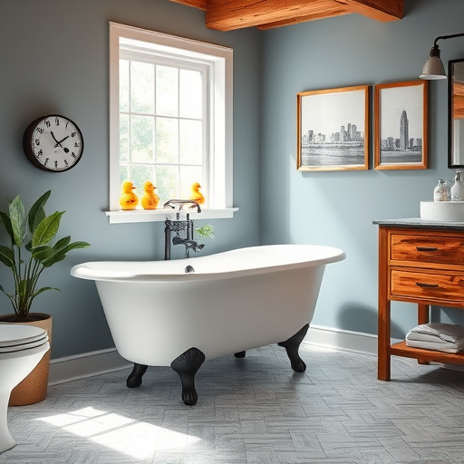 A small, whimsical bathroom featuring clever storage solutions. The scene includes vibrant yellow and blue tiles, a vintage wooden ladder with colorful woven baskets filled with neatly folded towels and toiletries. A slightly askew wall-mounted shelf displays jars of crafting supplies and decorative pebbles, adding personality. Above the sink, a floating shelf holds potted succulents and ferns in brightly painted containers. A uniquely designed storage stool sits beneath a cheerful window, perfect for magazines and reading. Sunlight filters through a sheer patterned curtain, creating playful shadows on the floor. The expressionistic art style highlights bright greens, sunny yellows, and soft blues, encapsulating the bathroom's lively yet serene atmosphere, showcasing inventive storage ideas for small spaces.