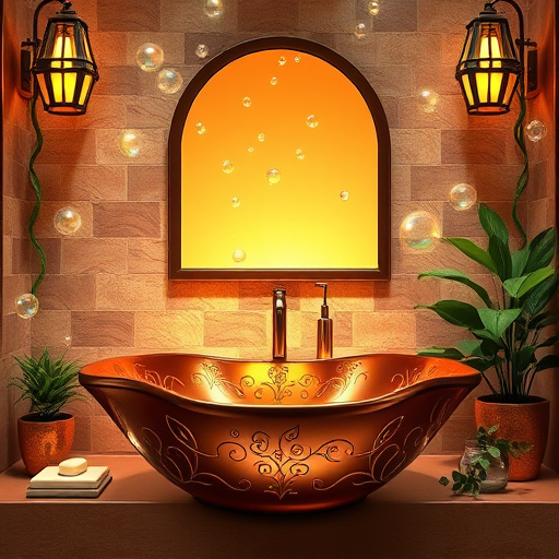 Alt text: "Art Nouveau-inspired blog cover image featuring an elegantly designed copper bathroom sink at the center, adorned with flowing lines and intricate floral motifs. The reflective surface of the sink captures warm golden sunset hues with hints of green patina, symbolizing luxury and nature. Surrounding the sink are vintage bathroom accessories like ornate soap dishes, mirrors, and lush potted plants, infused with decorative swirling vines and leaf patterns. The backdrop showcases a softly lit bathroom setting with textured walls resembling natural stone and muted earth-toned tilework. Elegant geometric light fixtures create a serene ambiance, while playful bubbles float through the air, reflecting tiny images of the sink. The overall color palette includes warm copper tones, rich browns, soft greens, and opalescent blues, encapsulating tranquility and sophistication in this captivating image about copper bathroom sink options."
