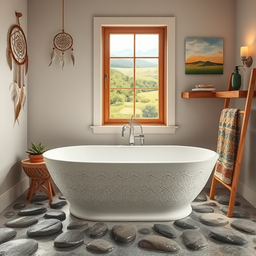 Elegant Art Deco-inspired cover image showcasing bathroom tile installation services in Lawrenceburg, Kentucky. The design features intricately patterned tiles in cool blues and luxurious golds, reflecting light with a glossy finish. A stylized bathroom silhouette includes vintage fixtures like a clawfoot tub and decorative mirror, accented with Art Deco motifs. Subtle hints of Lawrenceburg's cityscape peek through small window panes, integrating local charm. The atmosphere is professional and inviting, ideal for homeowners planning renovations. A playful rubber duck sits on a tile, adding whimsy. The color palette combines rich sapphire blues, gleaming golds, and creamy whites, capturing the luxury and calm associated with high-quality craftsmanship in home design.