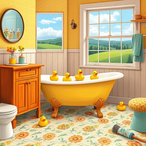 Whimsical FolkArt scene showcasing a vibrant bathroom in Taylorsville, Kentucky, centered on quick bathroom remodeling services. The rustic bathroom features a vintage clawfoot bathtub adorned with colorful bath flowers and playful rubber ducks floating nearby. A warm-toned wooden vanity displays neatly arranged toiletries in quirky, handcrafted containers. The floor is covered in bright, hand-painted tiles with floral motifs and geometric patterns, creating a warm and welcoming charm. Tools like paintbrushes and a roll of quirky wallpaper humorously hint at the renovation process. In the background, a sunny window reveals rolling green hills and a clear blue sky, enhancing the approachable and friendly atmosphere. The warm and invigorating color palette of cheerful yellows, soft blues, and earthy greens evokes a sense of home and creativity, inviting viewers to envision their own bathroom makeover. The FolkArt style emphasizes handmade quality and community spirit, allowing the space to convey delightful renovation possibilities.