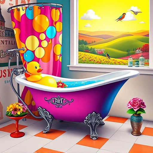 Alt Text: A serene bathroom design scene featuring a freestanding bathtub in a lush garden setting with cherry blossom branches. The tranquil atmosphere is enhanced by vibrant greens and soft pastels, highlighting relaxation. Traditional Kentucky architecture forms the backdrop, with whimsical stone patterns leading to the tub. Intricate ceramic tiles peek through foliage, adding Southern charm, while butterflies flutter around. The glimmering water in the bathtub reflects sunlight, and soft mist rises against a watercolor sky blending lavender and pale blue. The image, in Chinese Brush Painting style, embodies a calm bathroom retreat that showcases Kentucky's unique character with harmonious colors.