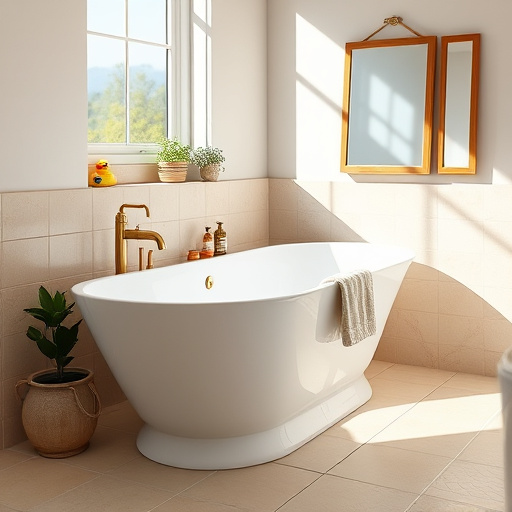 Dynamic cubist representation of a modern bathroom showcasing energy efficiency. Features an abstract bathtub with geometric facets in vibrant blues and greens representing water conservation. To the left, a stylish cubist sink with a sleek faucet highlights a water-saving design, surrounded by fragmented nature elements like leaves and angular water droplets. A shower, depicted with sharp planes, includes panels representing varying temperature options emphasizing energy efficiency.
The scene exudes a serene and contemplative mood, inviting reflections on home sustainability. Playful details include whimsical water droplets transforming into sparkling gems, and energy-efficient light bulbs floating overhead, blending with geometric patterns. Hints of bright yellows and soft pastels evoke optimism. The composition is framed by a cubist mosaic wall with earthy tones transitioning into a nature-inspired background of abstract trees and sun motifs, integrating with the room’s fixtures. The overall design blends functionality and creativity, promoting innovative ideas for beautiful, energy-efficient bathrooms.