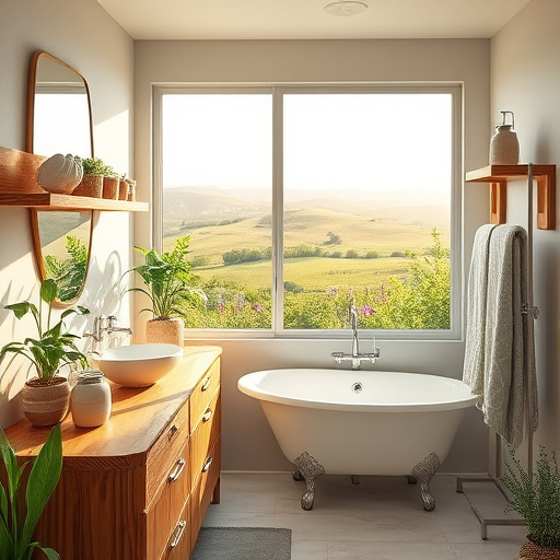 Alt text: "A captivating blog cover image depicting an eco-friendly bathroom remodeling theme in Frankfort, Kentucky. The serene bathroom features a large window allowing warm sunlight to illuminate sustainable elements like reclaimed wood shelving and bamboo accents. A live edge organic vanity countertop is surrounded by lush green plants, creating a tranquil atmosphere. Playful elements include a potted herb garden on the windowsill and whimsical seashell and leaf-shaped soap dispensers. A vintage clawfoot tub is filled with natural bath salts, and a decorative towel rack displays patterned towels in calming earth tones. The background showcases the gentle rolling hills of Kentucky, with vibrant wildflowers, reflecting a connection to the environment. The art style employs ColorFieldPainting with a soothing palette of soft greens, warm browns, and gentle creams, enhancing the theme of eco-friendly serenity and sustainable luxury."