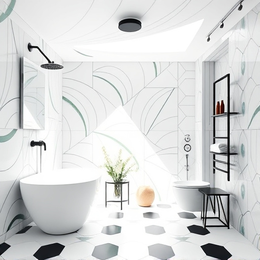 Alt Text: "OpArt-inspired blog cover image showcasing a chic bathroom design for the Best Bathroom Remodeling Company in Versailles, Kentucky. The image features a spacious bathroom with playful geometric patterns creating depth and movement, reflecting modern yet timeless aesthetics. It highlights sleek fixtures and stylish tiles, enhanced by dancing light reflections to suggest luxury and functionality. Quirky design elements include a whimsical flower-shaped showerhead and a spiraled towel rack, adding personality. The background is layered with soft lines in muted blues and greens for tranquility, contrasted by bold blacks and whites to accentuate the OpArt theme. Subtle retro wallpaper patterns and playful hexagonal tiles in the background reinforce the remodeling theme, inviting viewers into an innovative and relaxing space."