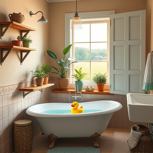 Alt text: A beautifully renovated bathroom in a serene Lawrenceburg, Kentucky home featuring a luxurious freestanding soaking tub surrounded by large frosted windows that let in natural light. The sleek walnut vanity with dual sinks is complemented by chic brass fixtures. Vibrant potted plants contrast against polished seafoam green tile floors. A plush beige bath mat and an arrangement of spa products add warmth, while a whimsical vintage-style wall clock adds character. The minimalist shower area with elegant glass doors and a rainfall showerhead features shimmering mosaic tiles in blues and greens. Soft ambient lighting and nature-inspired wallpaper with delicate ferns create a tranquil, spa-like atmosphere, inviting viewers to envision their own bathroom retreat.