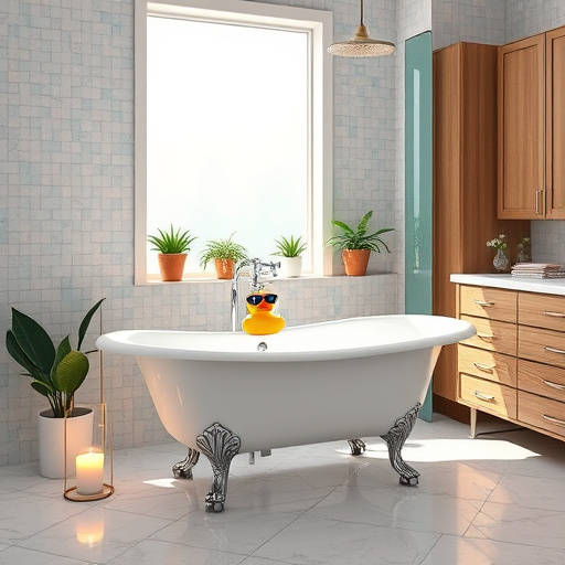 A visually captivating blog cover image showcasing bathroom remodeling services near Paris, Kentucky. The modern bathroom features a luxurious freestanding bathtub illuminated by soft, natural light from a large window with sheer white curtains. A stylish vanity with elegant fixtures and a large mirror reflects the serene ambiance. Lush greenery in pots provides a refreshing touch. The scene includes playful design elements like a whimsical soap dispenser shaped like a vintage teapot and neatly arranged colorful toiletries, adding personality. A beautifully patterned rug on the wooden floor and artistic tiles on the walls reflect local craftsmanship inspired by the Kentucky landscape. The bathroom window offers a glimpse of rolling hills and soft greenery, connecting the indoors with nature. The warm, earthy color palette of soft whites, gentle greens, and muted wood tones creates a relaxed atmosphere, inviting viewers to envision their dream bathroom transformation.