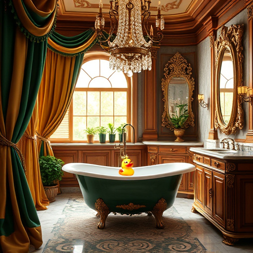 Alt text: A serene bathroom featuring a modern jacuzzi tub with elegant curves, surrounded by minimalist design elements. Subtle water ripples reflect soft light, while a floating wooden shelf on the left holds neatly arranged succulents and plush towels in pastel colors of pale blue and soft white. A large frosted window on the right filters gentle sunlight, casting soft shadows on the polished concrete floor. Abstract prints in muted earth tones adorn the walls, and a light bamboo mat adds warmth to the decor. A vintage-inspired wall clock hangs in the background, symbolizing relaxation. A whimsical bright yellow rubber duck floats in the corner of the tub, contrasting with the minimalist aesthetic. The bathroom exudes cleanliness and order, with a cool color palette of blues, whites, and vibrant yellow, encapsulating a spa-like luxury in a dreamy jacuzzi bathroom remodel ideal for a relaxation-themed blog.