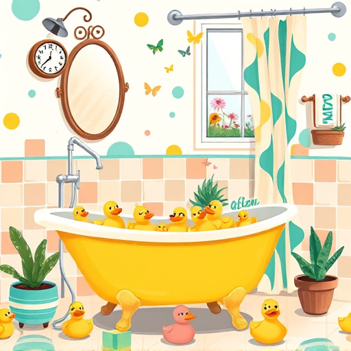 A vibrant and whimsical ArtBrut illustration for a blog cover on "Quick Bathroom Makeover Services," showcasing a lively bathroom scene filled with personality. The focal point is a vintage yellow clawfoot bathtub, overflowing with colorful rubber duckies. Surrounding the tub are eclectic décor items, including a retro mirror framed in mismatched tiles, exaggerated succulent plants, and an abstract art-inspired shower curtain. The playful mood is enhanced by soft pastel walls adorned with colorful abstract shapes and a sunny garden view through a window, complete with fluttering butterflies and blooming flowers. Quirky details include a wall clock with hands at a funky angle and cartoonish bath accessories like a smiling toothpaste tube and dancing soap bars. The energizing color palette features teal, peach, and sunny yellow, accented with bold black, creating a fun yet sophisticated atmosphere that inspires creativity in bathroom transformations.