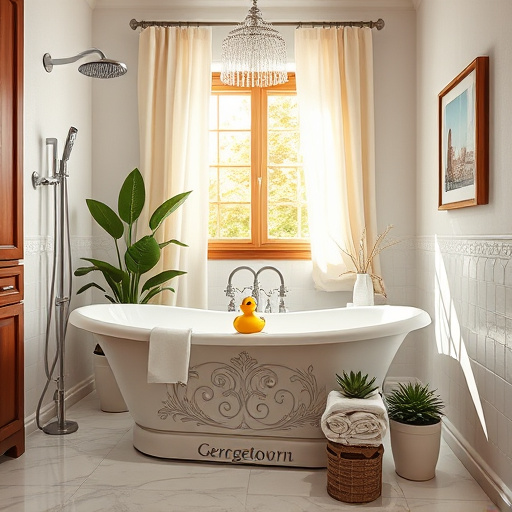 Minimalist blog cover image depicting a modern bathroom focused on "Solving Bathroom Mold Issues During Renovation." The setting features a clean bathtub and a shower with transparent glass doors. Subtle hints of mold are represented as small, dark green spots on the tile grout. The ambiance is calm and professional, with a cheerful rubber duck on the tub's edge and a rolled-up fluffy towel next to a small potted plant, symbolizing freshness and renewal. The background consists of soft pastel colors, including light mint green and pale beige, complemented by minimalistic geometric patterns on the walls. Elements like a sleek modern faucet and a simple wall-mounted mirror enhance the theme of cleanliness and renovation, while the overall composition creates an inviting atmosphere that acknowledges mold challenges.