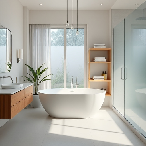 Luxurious bathroom remodeling scene in a Midway, Kentucky home showcasing an elegant and tranquil space. The focal point is a marble freestanding soaking tub with intricate Renaissance-style carvings, positioned under a grand window that filters soft sunlight through sheer drapes. A stylish double vanity with rich wooden cabinetry and a marble countertop is adorned with delicate floral arrangements, reflecting the natural beauty of the surrounding Kentucky countryside. A vintage chandelier hangs from the ceiling, glinting against dusky blue walls with ornate gold trim, enhancing the grandeur of the room. The atmosphere is calm and sophisticated, featuring playful details like a rubber ducky wearing a tiny crown in the bath. A luxurious bathrobe drapes over a nearby chair, inviting personal leisure. The wall displays a watercolor painting of colorful Kentucky wildflowers, grounding the scene in local context. The background features soft, muted Renaissance palette tones, while a wide, elegantly patterned area rug lies beneath the tub, adding coziness to the lavish aesthetic. Subtle reflections on glossy surfaces enrich the visual narrative of this dreamy bathroom retreat.