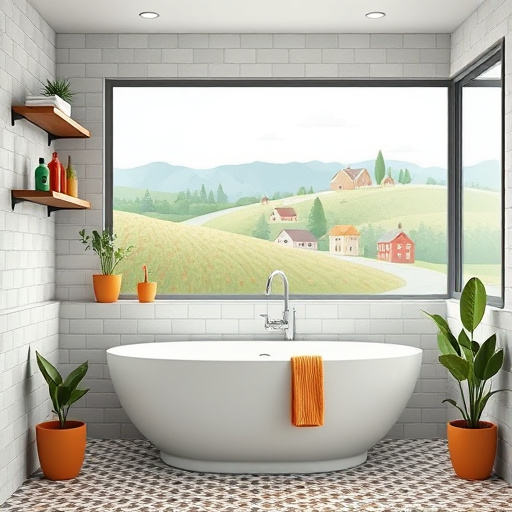 Alt text: "A blog cover image showcasing an emergency bathroom renovation scene in Danville, Kentucky. The image features a partially dismantled vintage clawfoot tub surrounded by renovation tools, blueprints, and scattered paint samples on a tiled floor. To the left, a shiny showerhead gleams under bright lights, symbolizing transformation potential. Playful rubber ducks and a whimsical shower curtain add a quirky touch to the chaotic setting, while colorful soaps and oversized towels peek from open cupboards. The atmosphere is upbeat yet frantic, with a window revealing Kentucky's rolling hills, providing a calming green backdrop against the vibrant bathroom elements. The warm color palette includes soft greens, sunny yellows, and tranquil blues, reflecting both a comforting homey feel and the excitement of renovation, making it ideal for a blog about emergency bathroom renovation services."