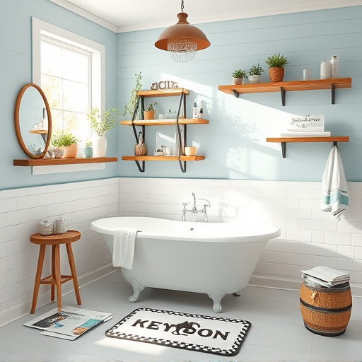 Digital artwork depicting a beautifully redesigned bathroom, themed around "Local Bathroom Renovation Packages in Harrodsburg, Kentucky." The vibrant scene features a blend of modern and rustic elements, including vintage wooden shelves with potted plants, candles, and decorative toiletries. Soft light blue walls with white shiplap accents create a calming atmosphere, while a freestanding bathtub near a window allows sunlight to illuminate the space. Quirky details such as whimsical shower curtains showcasing local landmarks and a quirky bath mat shaped like a Kentucky horse add a playful touch. The soothing color palette mixes soft pastels and earthy tones for a harmonious feel. A textured wall hints at Kentucky’s rich history, with outlines of rolling hills or bourbon barrels integrated into the design. Renovation brochures and samples are scattered across the counter, inviting potential clients to explore options. This artwork embodies transformation, community charm, and the excitement of home improvement with meticulous attention to detail.