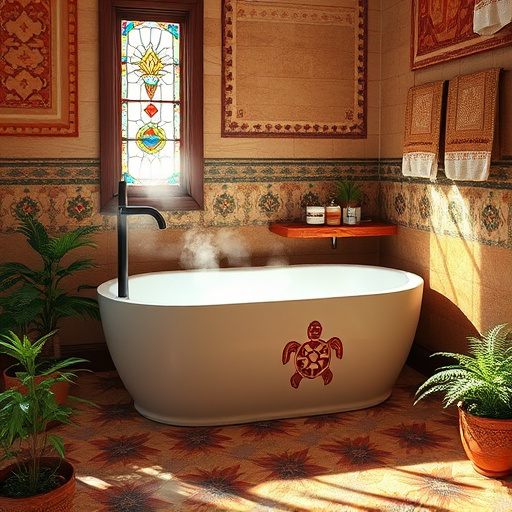 Alt Text: A modern bathroom renovation scene in Louisville showcases expert craftsmanship with a sleek freestanding tub surrounded by rich terracotta and soft cream geometric tiles. The minimalist vanity features a unique waterfall faucet and is framed by a shimmering mirror, reflecting the room's chic design. Soft, diffused lighting accentuates the fixtures' angles and curves, while a potted fern adds vibrant green to the calming atmosphere. Abstract wall art depicting playful water droplets and tiles enhances the room's character. Subtle elements like a towel draped over a chair and a rubber duck peeking from behind the tub add personality. A textured wall with a blend of smooth and matte materials creates depth, and a large window framed by minimalist curtains invites natural light, connecting the space with Louisville's iconic skyline. The composition highlights a harmonious blend of shapes and colors, transforming the bathroom into an artistic haven.