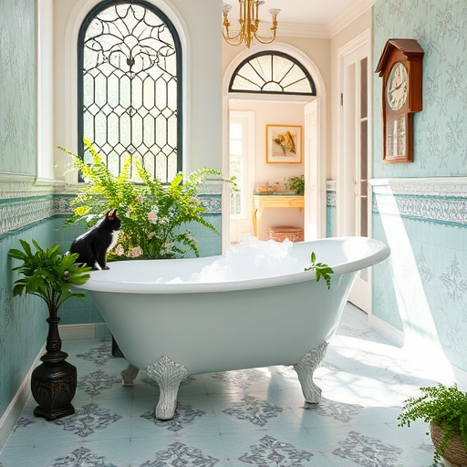 Alt Text: Captivating blog cover image showcasing a modern bathroom with an opulent heated floor featuring a blend of elegant tiles and luxurious wood. The scene centers on a plush deep turquoise bath mat contrasting the sleek flooring. Quirky bath accessories, like whimsical sea creature-shaped soap dispensers, and a potted plant with oversized leaves enhance the cozy ambiance. Soft ambient lighting casts warm shadows, with steam rising from a nearby tub, evoking tranquility. An abstract wall-mounted art piece adds modern flair in Neo-Expressionism style. The color palette features warm earthy tones with vibrant accents, and the floor design includes swirling motifs and geometric shapes, inviting exploration of heated bathroom flooring materials.
