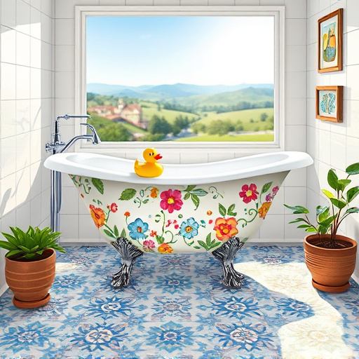 A vibrant OpArt style cover image for "bathroom remodel quotes," featuring a sleek bathroom with geometric tiles creating optical illusions on the floor. Swirling patterns draw the eye, while flowing curved lines on the walls convey modernity. A standout bathtub made of transparent glass or patterned ceramic captivates attention. Whimsical shower curtains adorned with abstract shapes and playful motifs, like rubber ducks, dance in the scene. The composition is lighthearted yet elegant, evoking excitement for home renovations. Surrounding bathroom fixtures are floating speech bubbles of varying sizes, visualizing potential quotes and puns through clever designs rather than text. Quirky details, such as a foot-shaped bath mat and a mini succulent garden, add personality, highlighting the remodel as both functional and fun. The background features soft pastel gradients in teal and sunny yellow, enhancing the upscale feel of the space. The overall design balances elegance and quirkiness, perfect for inspiring creativity in bathroom renovations.