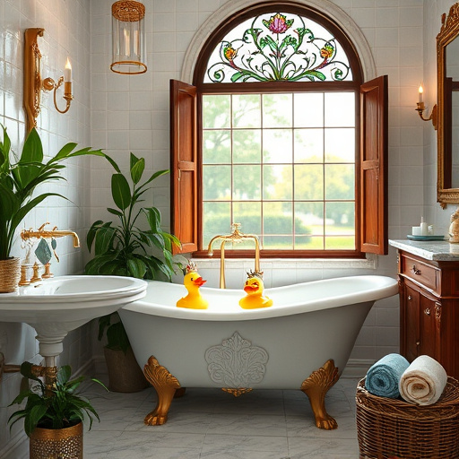 Alt text: Whimsical Gothic-style bathroom featuring a clawfoot bathtub with intricate carvings, playful water droplets as whimsical creatures, and walls in deep emerald greens and muted golds. Ornate sconces cast a soft light, and a vintage-style mirror in black wrought iron reflects dark foliage. Rich burgundy and charcoal tiled floor with decorative patterns is contrasted by a Gothic-style rubber duck on the tub's edge and curling vines by the sink. Scented candles in gothic lanterns add to the serene atmosphere, while Gothic window designs hint at Simpsonville's architectural charm against a twilight sky. An enchanting setting highlighting local bathroom renovation packages.