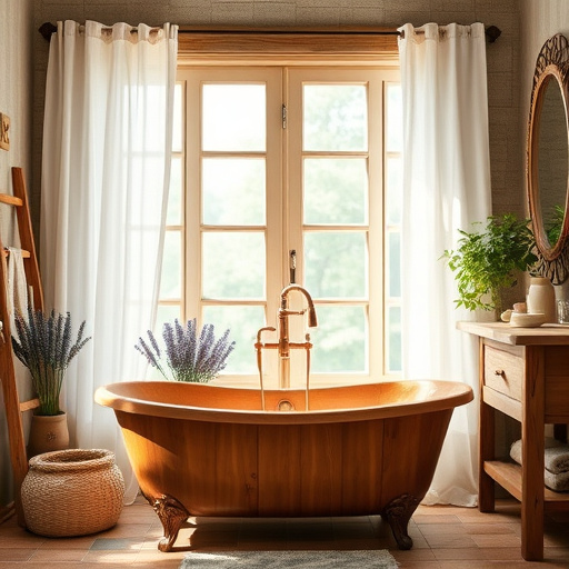 Alt text: A Renaissance-style bathroom featuring an elegantly designed clawfoot bathtub bathed in soft, diffused natural light from a tall window. Surrounding the tub are stylish tiles in muted earth tones and intricate mosaics, enhancing the luxurious ambiance. A vintage vanity with ornate fixtures and a gilded mirror reflects the tranquil colors of the room, including soft greens, warm browns, and subtle gold accents. Quirky accessories like a rubber duck wearing a tiny crown and a floral arrangement of lavender and white flowers add whimsy, while gentle splashes of water suggest refreshment. Lush greenery is visible through the window, creating a serene connection with nature. The overall composition exudes elegance and sophistication, highlighting the beauty and refinement of top-rated bathroom remodeling.