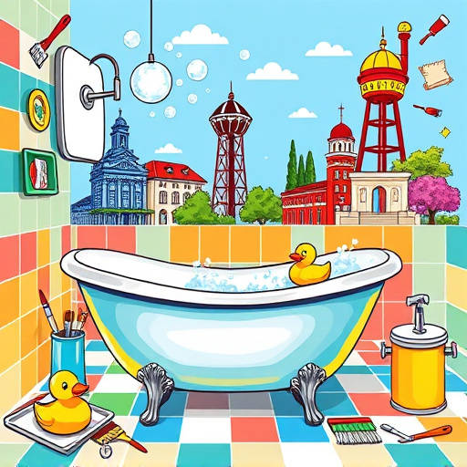 Alt text: An elegant cover image showcasing "Stainless Steel Bathroom Fixtures" arranged artistically, featuring luxurious faucets, towel racks, and soap dispensers. The fixtures exhibit sleek, reflective surfaces, highlighting modern design and craftsmanship. Playful details include a quirky fish-shaped soap bottle and a towel rack decorated with tiny, colorful rubber duckies, adding a whimsical touch. The serene bathroom background is tiled with soft gray marble and interspersed with lush green plants, creating gentle shadows that enhance the fixtures' shine. Soft yet bright lighting fosters a warm atmosphere, with a color palette of cool silvers and calming greens, evoking a spa-like ambiance. Rendered in Byzantine Art style, the image incorporates intricate geometric patterns and rich textures, reflecting timeless elegance and luxury that complements the contemporary stainless steel theme.