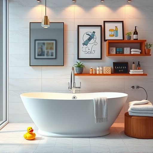 A vibrant and modern bathroom renovation scene featuring a beautifully designed bathtub with sleek lines, surrounded by elegant tile work and stylish fixtures. The atmosphere combines professionalism with warmth, highlighted by rich textures and a calming color palette of soft blues, whites, and earthy tones. Quirky elements, like a rubber duck floating beside luxurious bath products and a small plant among high-end toiletries, add personality. A wall-mounted mirror reflects artistic touches, including framed illustrations of renovation tools. In the background, organized plumbing supplies peek from a wooden shelf, signifying craftsmanship. The overall composition balances realism and artistry, embodying quality workmanship and contemporary design, ideal for a blog about bathroom contractors in Nicholasville, Kentucky.