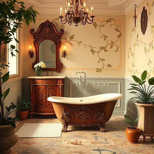 Alt Text: A beautifully transformed bathroom scene representing emergency renovation services in Harrodsburg, Kentucky. The image features sleek modern fixtures mixed with rustic elements, including a vintage clawfoot tub surrounded by lush greenery and cascading flowers, evoking a Pre-Raphaelite garden. Warm light filters through a stained glass window, casting colorful patterns on polished tiles. Quirky details like an oversized rubber duck and a whimsical shower curtain enhance the playful atmosphere. Artisan tiles with Kentucky-inspired designs, including bluegrass motifs and bourbon barrels, connect the space to local heritage. The inviting background highlights vintage 19th-century architecture, decorative moldings, and a delicate fireplace, combining historic elegance with modern functionality in a tranquil color palette of greens, browns, and muted blues. The composition focuses on the enchanting bath setting, inviting viewers to imagine their own transformative renovation experiences.