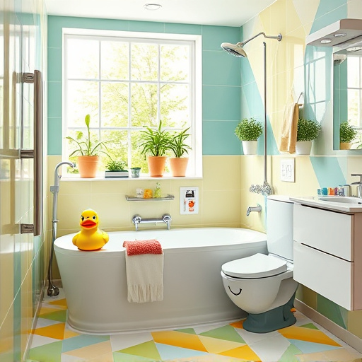 A vibrant PopArt illustration of a modern bathroom remodeling scene, featuring an elegant clawfoot bathtub decorated with colorful rubber ducks and quirky shower curtains. The cheerful backdrop consists of sparkling tiles in bright blue and yellow hues. A retro sink with mismatched mirrors showcases a whimsical collection of boldly packaged bath products. Colorful tiles on the walls create lively geometric patterns. A large window allows warm sunlight to filter in, casting playful patterns on the floor, while potted plants add greenery. Strange creatures, including a playful octopus with a toothbrush and a mischievous fish in a shower cap, swim through the air, enhancing the unique charm of the scene. Bright saturated colors like pink, teal, and lime green dominate, setting a fun and relaxed mood that reflects the spirit of creative bathroom transformations in Lexington, Kentucky. The overall composition conveys excitement and creativity, inviting viewers to explore innovative bathroom designs.