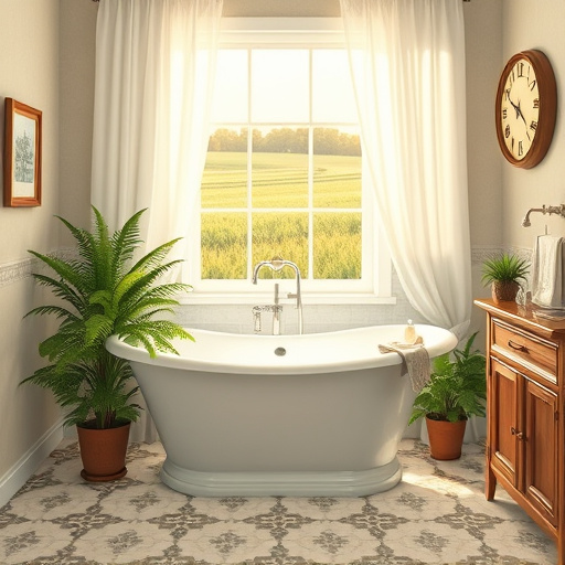 Alt text: A serene, minimalist bathroom interior showcasing a spacious layout with a sleek freestanding bathtub under a large window, allowing natural light to illuminate the room. The walls feature soft neutral tones and subtle textures, creating a calm atmosphere. A stylish vanity with clean lines holds elegantly arranged soaps and a potted plant, adding life to the design. Reflective surfaces, such as a large minimalist-framed mirror, enhance the feeling of openness. Accents like a fluffy towel on a hook and a wooden stool with a chic magazine maintain a sophisticated vibe. A small framed photo of a local Harrodsburg landmark adds a regional touch. The soft gray tiled floor blends seamlessly with the calming color scheme of blues and whites, emphasizing tranquility and modernity, while greenery from the potted plant enhances the serene mood. This image epitomizes professional bathroom remodeling, filled with attractive design elements that inspire and engage viewers.