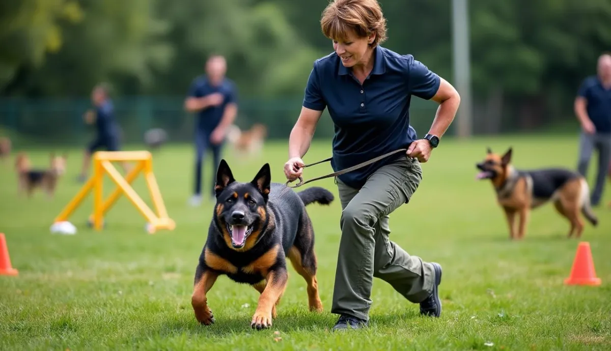 A female dog trainer kneeling next to a German Shepherd in an outdoor training area, focusing on aggression management.