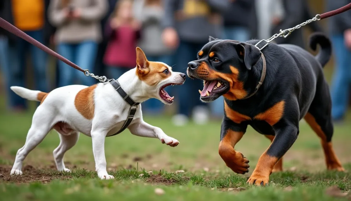 Two dogs displaying aggressive behavior toward each other while on leashes in a park setting