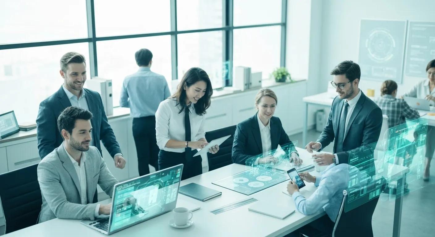 Small business team collaborating in a modern office using AI-powered tools and digital dashboards to improve local SEO, automation, and growth strategies in 2025.