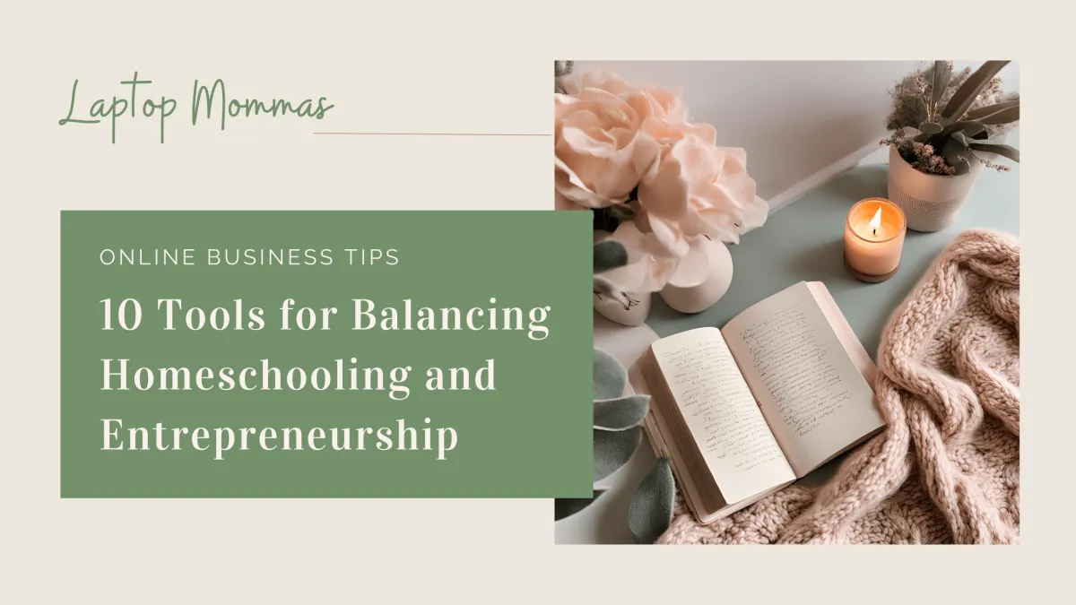 Laptop Momma balancing faith-based homeschooling with running a Christian Online business
