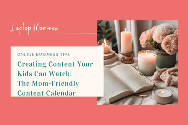 Christian mom working on laptop while children play nearby, creating family-friendly content for her business