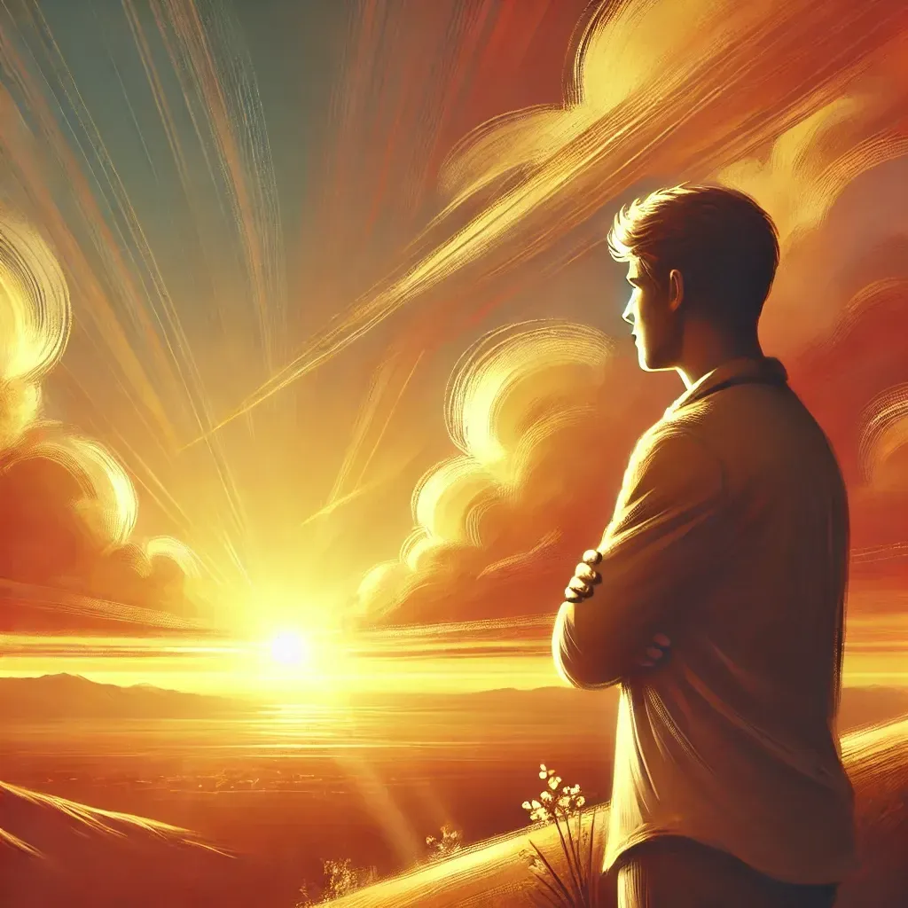 person standing on a hilltop gazing thoughtfully at a distant horizon, bathed in warm, inspiring light from a setting sun with hues of orange, pink, and gold, symbolizing the search for purpose and meaning.