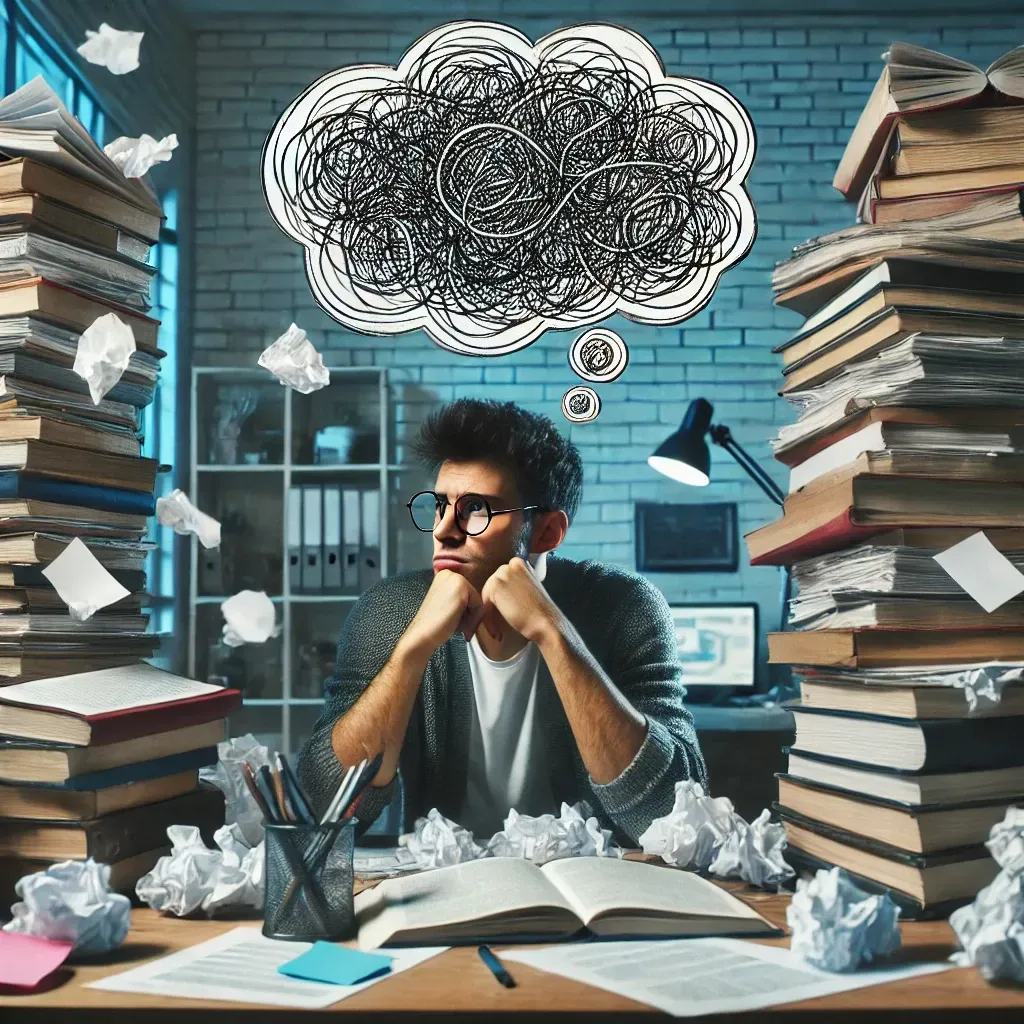 A person sitting at a desk, surrounded by stacks of books and papers, with a look of frustration and overwhelm on their face. A thought bubble above their head shows a tangled web of thoughts and decisions.