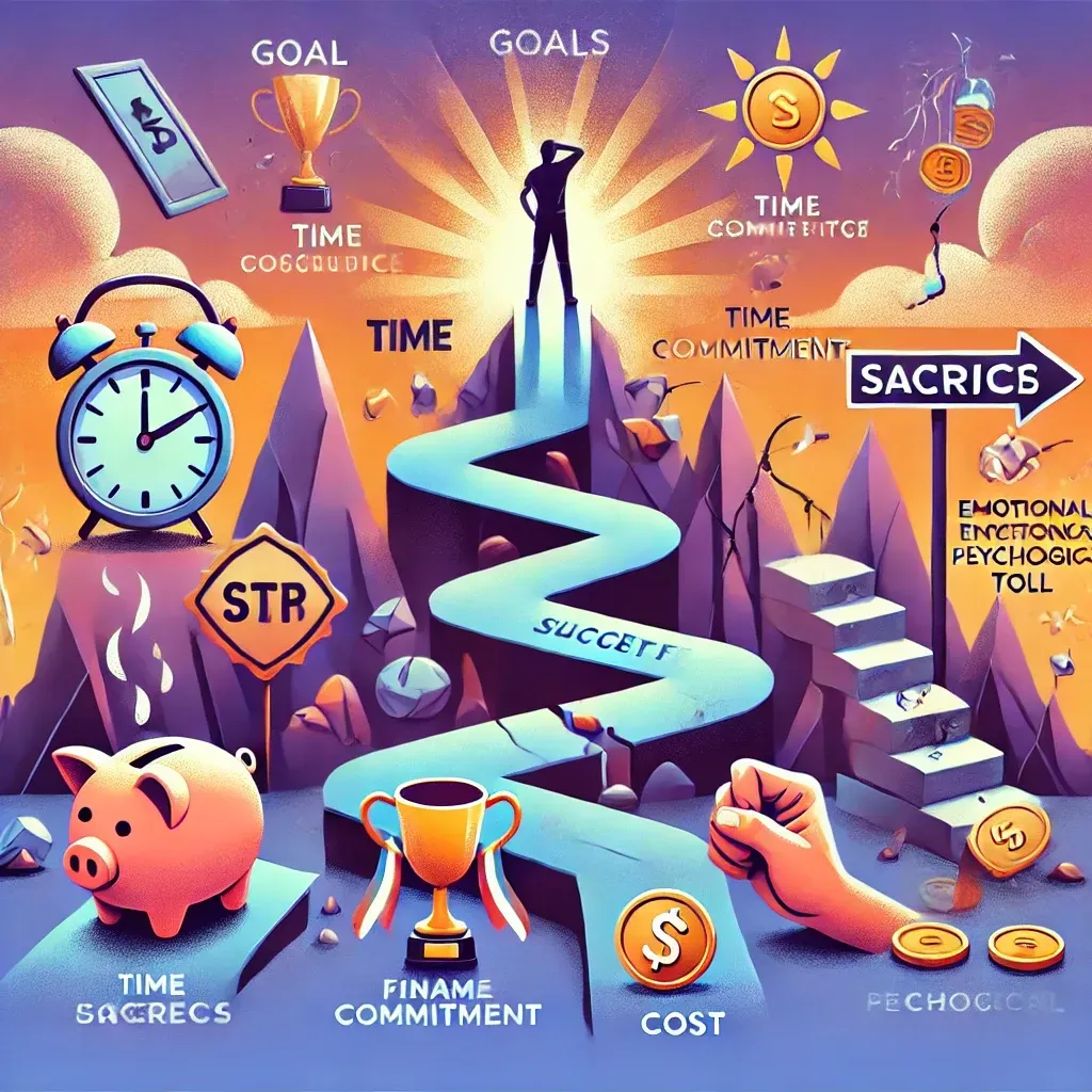 An illustration depicting the journey towards achieving a goal with both challenges and rewards. The left side of the image shows a winding path with obstacles like rocks and steep climbs, symbolizing the costs and sacrifices involved, such as time, financial strain, and emotional toll. The right side features symbols of success, such as a trophy and sunshine, representing the rewards and benefits of achieving the goal.