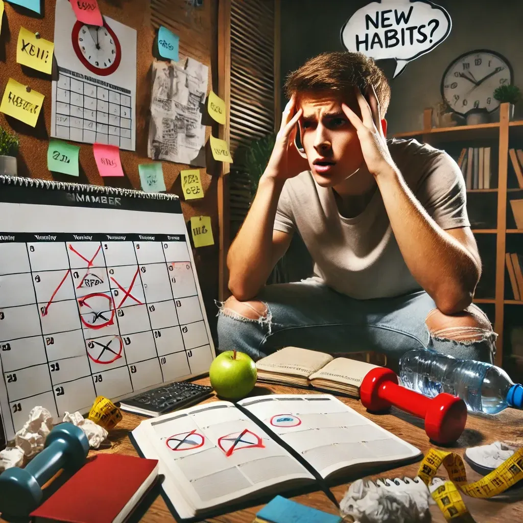 Young adult struggling to stick with new habits, surrounded by reminders and symbols of failed attempts, reflecting frustration and overwhelm.