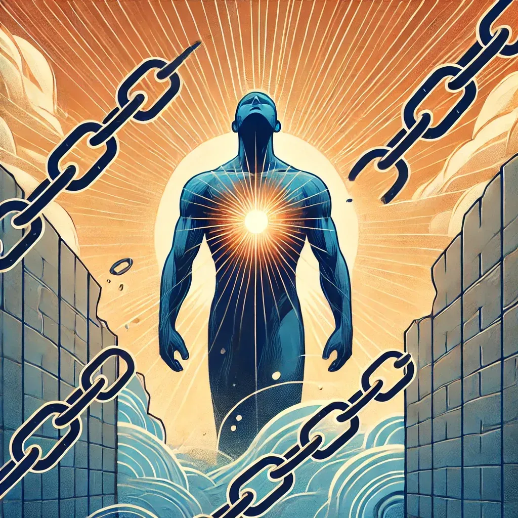 A graphic image symbolizing male empowerment and vulnerability with bold, abstract shapes breaking through barriers.