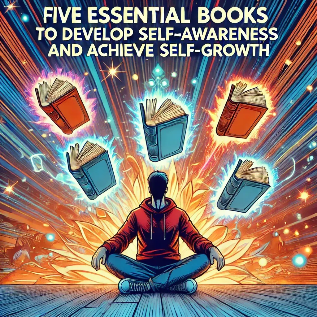 Person sitting surrounded by five floating books, with the title ‘Five Essential Books to Develop Self-Awareness and Achieve Self-Growth’ displayed prominently