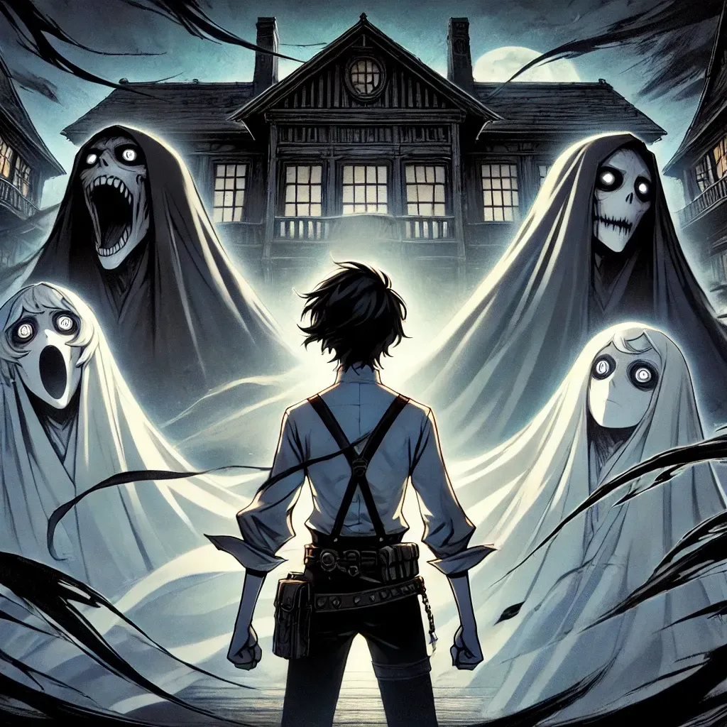 An anime-style character stands determined in front of shadowy, ghost-like figures, with a dark, gothic mansion in the background, symbolizing the confrontation of past traumas.