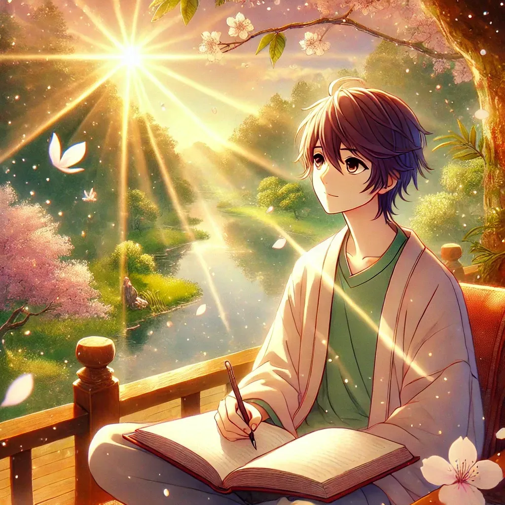 A young man sitting outside journaling his thoughts and feelings in the sun light