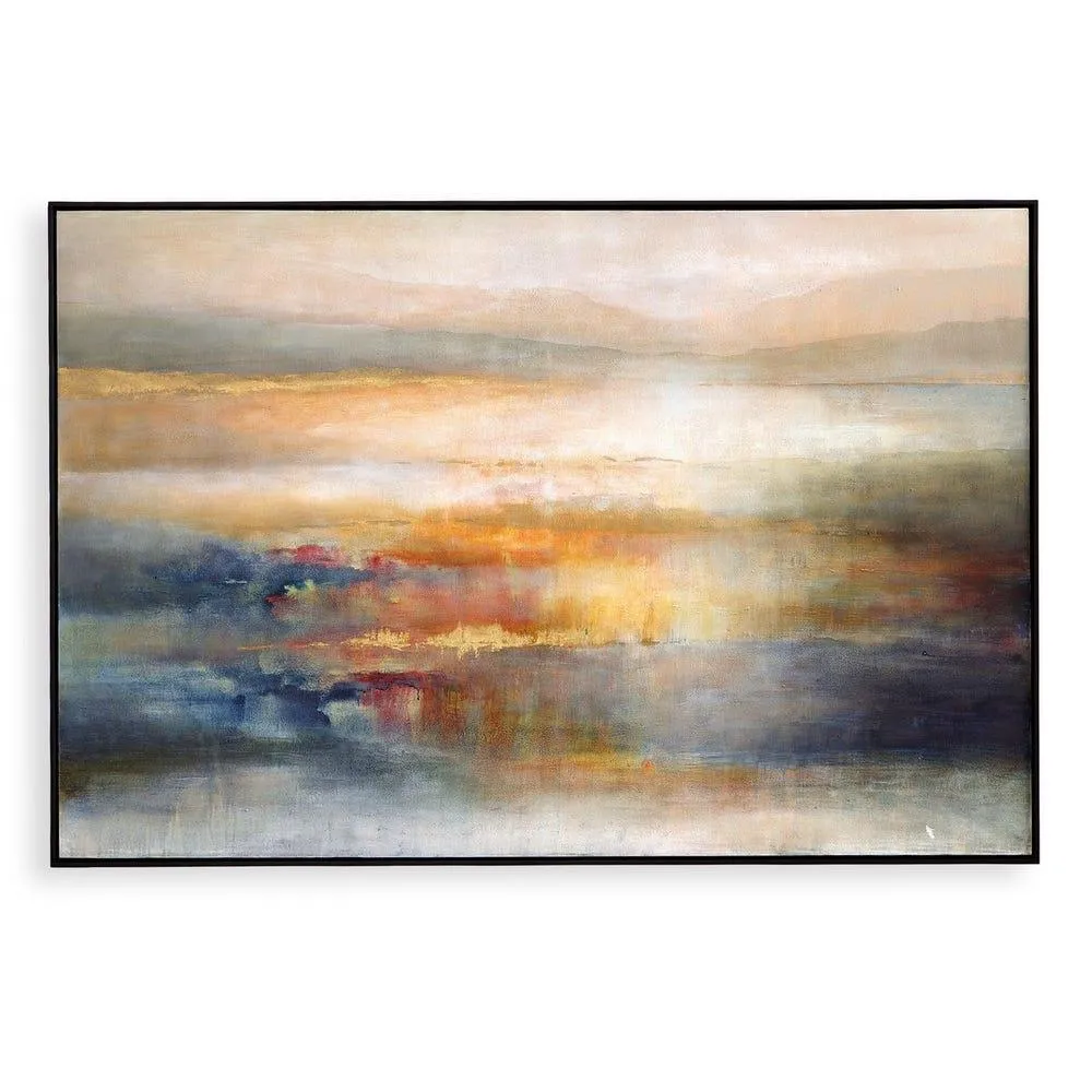 Seafaring Dusk is a tranquil abstract is beautiful representation of the sun setting on the water. Shades of blue, orange, and magenta are accented with gold leaf detailing and finished with a black gallery frame