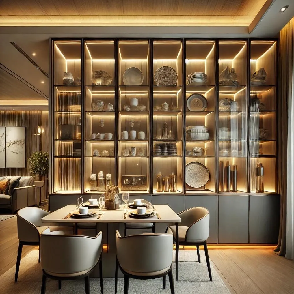 A luxurious dining area featuring a sleek rectangular dining table set for six with modern upholstered chairs. Behind the table, an illuminated full-height glass display cabinet showcases an elegant collection of ceramics, glassware, and decorative pieces. The warm ambient lighting and earthy tones of wood and soft greys create a sophisticated and inviting atmosphere, complemented by contemporary interior decor from LA'ITALIYA.