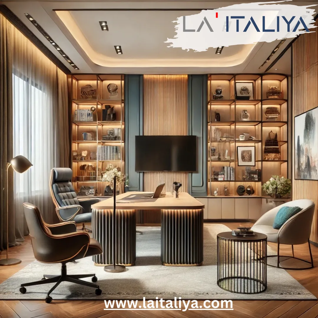 A luxurious and modern home office designed with elegant lighting and warm wooden tones. The room features a sophisticated executive desk with ribbed detailing and two stylish office chairs, one black and one grey. Behind the desk is a sleek wall-mounted television framed by vertical wood paneling and flanked by backlit display shelves filled with decor, books, and art. The space is enhanced by natural light pouring in from large curtains, a modern floor lamp, and cozy seating in the corner with a round side table. Branding for "LA ITALIYA" and the website "www.laitaliya.com" is displayed on the image.